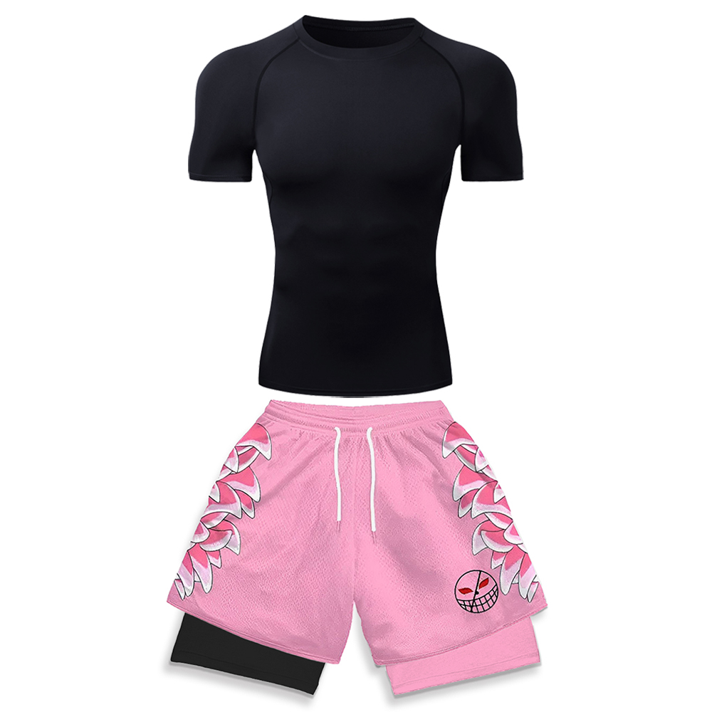 Running Gear Usa - 高弾性ワークアウトウェア男性用ホワイトコンプレッションTシャツ＆ピンク3Dグラフィックプリントランニングショーツアニメジムジョギングウェア